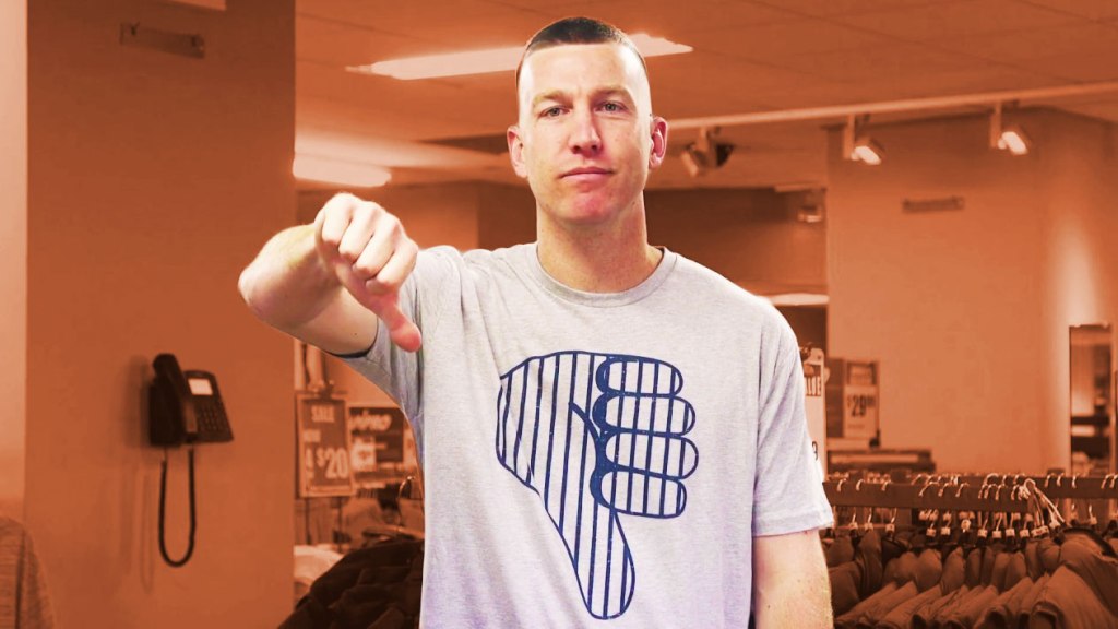 New York Mets infielder Todd Frazier giving his signature thumbs down gesture. Image via Modell's Sporting Goods YouTube.