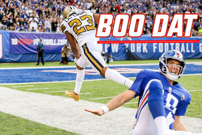 NY Giants QB Eli Manning falls to the ground after pushing Saints player out of bounds in Week 4 loss.